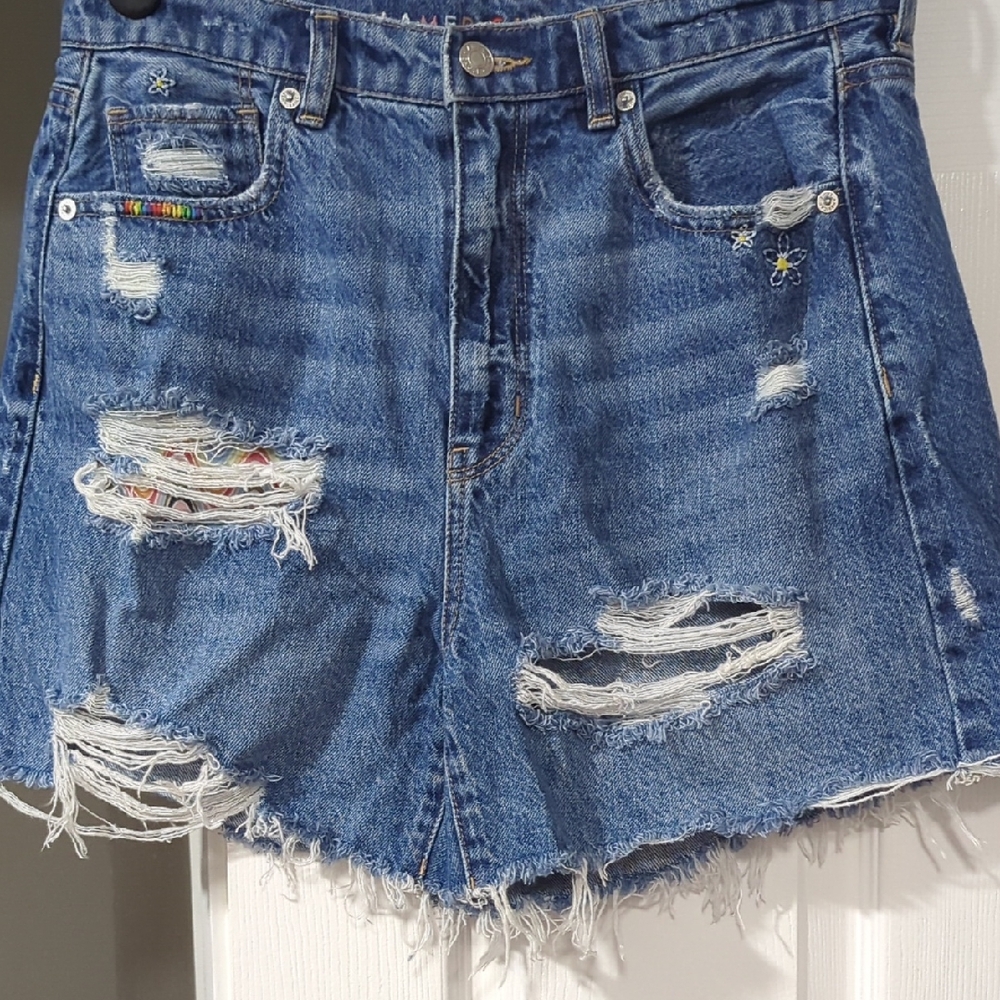 American Eagle Highest Rise Baggy Shorts Womens 8 Rainbow Embroidered Cut Off